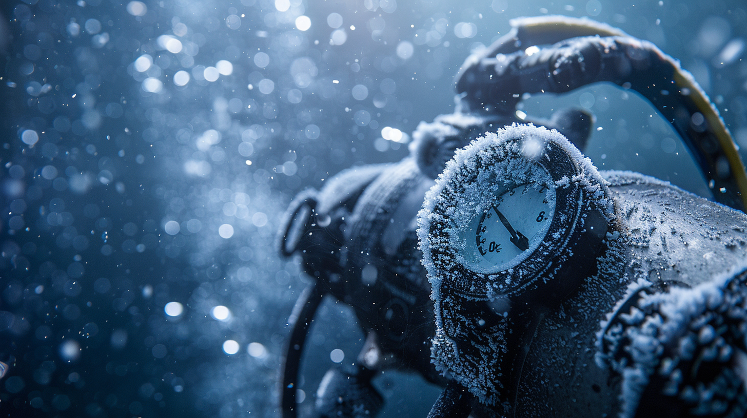 Diver performing cold water dive with proper regulator configuration
