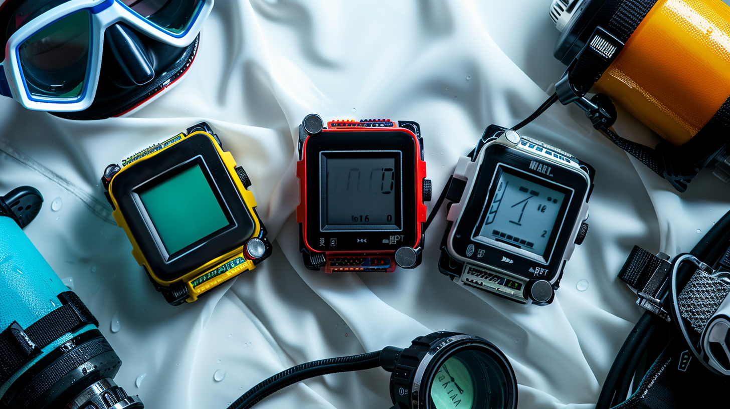 Three dive computers lined up on a dive bench for comparison